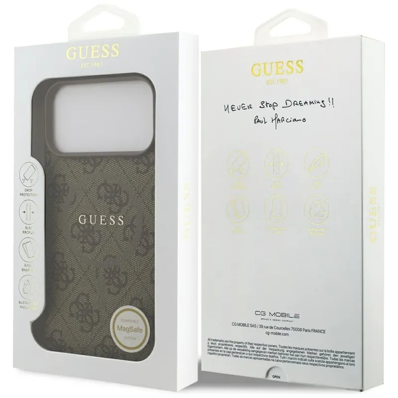 Guess 4G Ring Classic Logo MagSafe – dėklas iPhone 17 Pro Max (rudos spalvos)