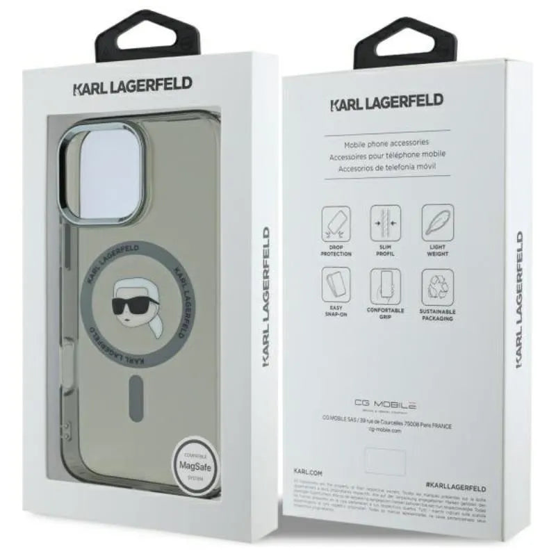Karl Lagerfeld IML Metal Karl Head MagSafe - dėklas, skirtas iPhone 16 Pro (juodas)