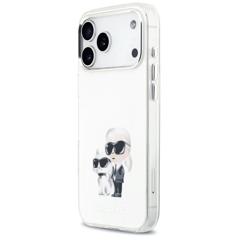Karl Lagerfeld IML Aquarelle Karl & Choupette & Logo MagSafe dėklas, skirtas iPhone 17 Pro Max (baltas)
