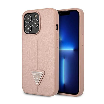 Guess Saffiano Triangle Logo dėklas - dėklas iPhone 14 Pro telefonui (rožinis)