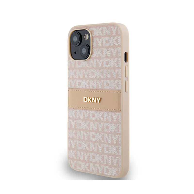 DKNY „Leather Mono Stripe & Metal Logo“ – dėklas „iPhone 14 / 15 / 13“ (rožinis)