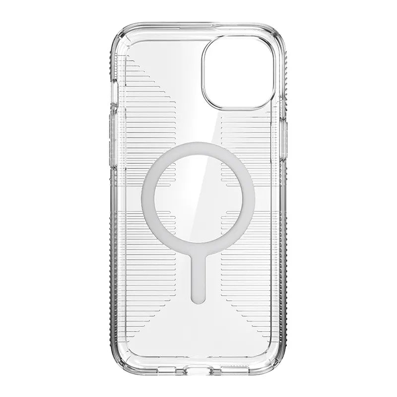 Speck Gemshell Grip + MagSafe – dėklas iPhone 15 Plus / iPhone 14 Plus (Skaidrus / Chromuota apdaila)