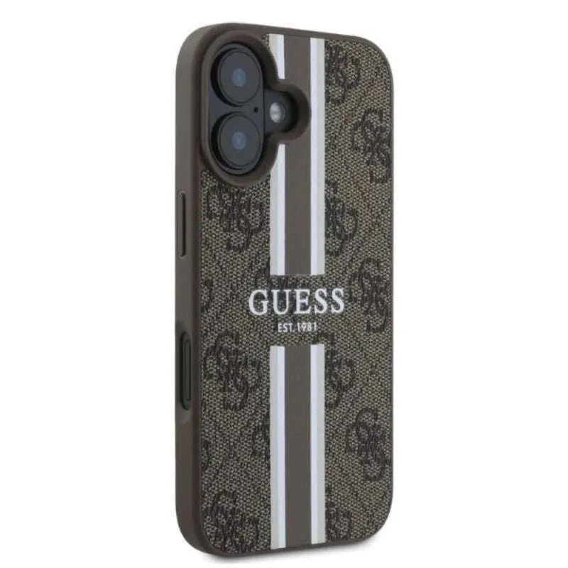 Guess 4G Printed Stripes MagSafe – dėklas iPhone 16 (rudas)
