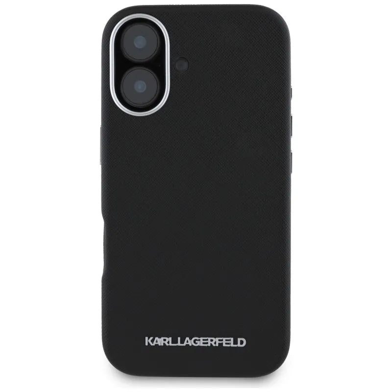 Karl Lagerfeld Saffiano Full Wrapped Elongated Metal Logo MagSafe – dėklas iPhone 16 (juodas)