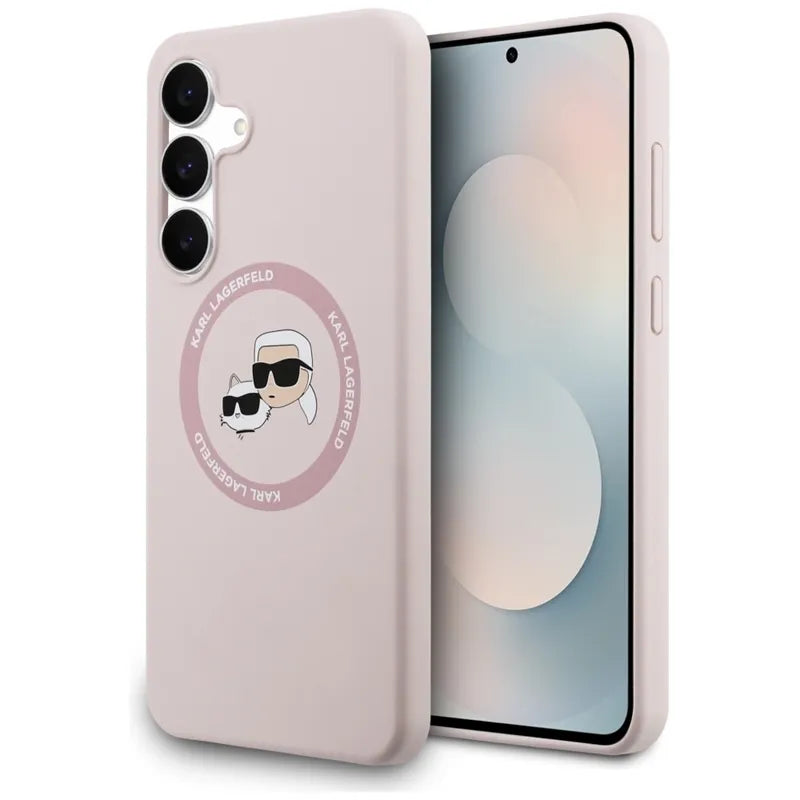 Karl Lagerfeld Silicone Karl & Choupette Heads MagSafe – dėklas Samsung Galaxy S25 FE (rožinis)