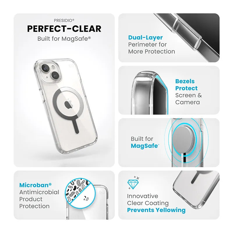 Speck Presidio Perfect-Clear MagSafe – dėklas iPhone 17e / 16e / 15 / 14 / 13 (Skaidrus / Chromuota apdaila / Serene Silver)