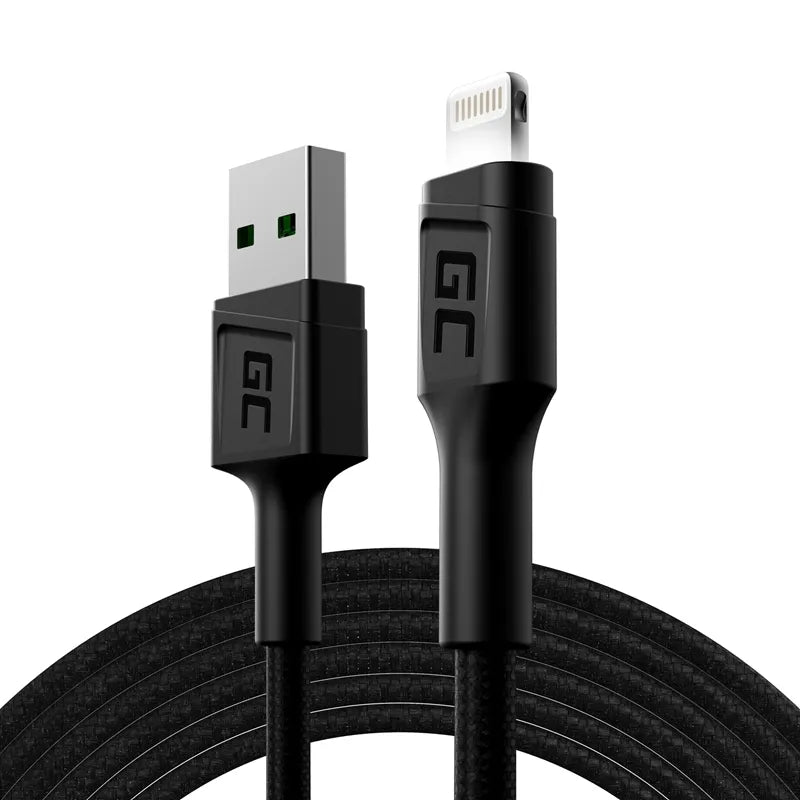 Kabelis Green Cell Ray USB-A - Lightning su balta LED lempute, 200 cm, palaikantis Apple 2.4A greitąjį įkrovimą