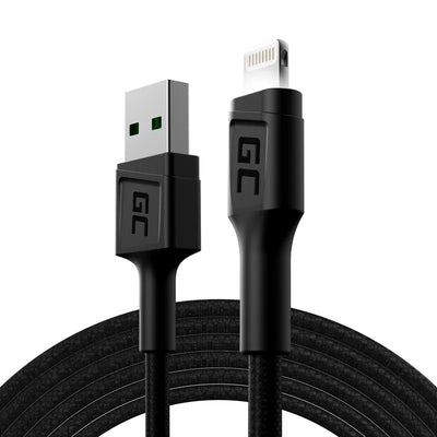 Kabelis Green Cell Ray USB-A - Lightning su balta LED lempute, 200 cm, palaikantis Apple 2.4A greitąjį įkrovimą