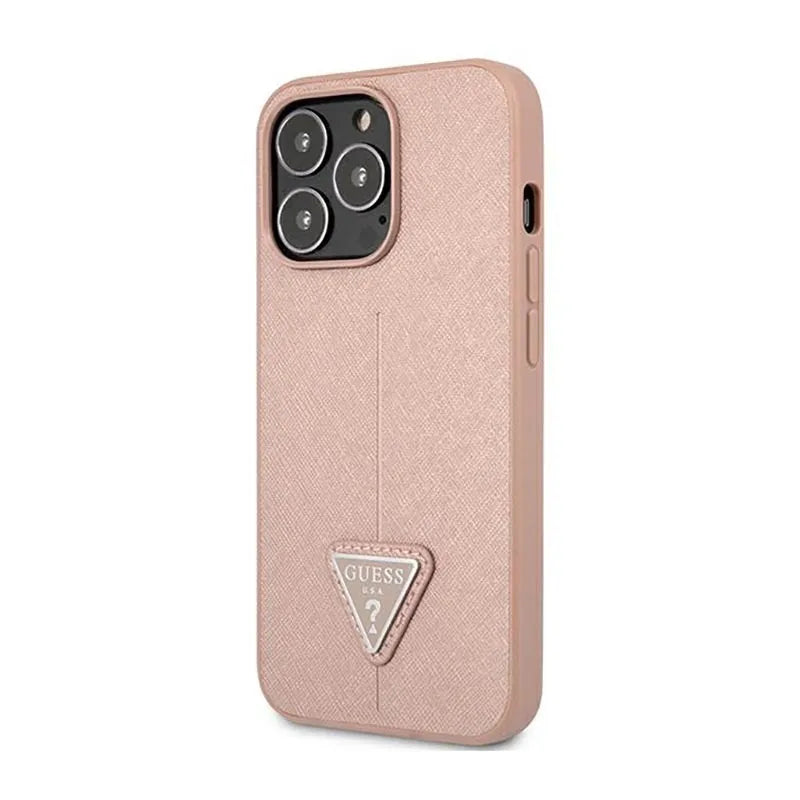 Guess Saffiano Triangle Logo dėklas - dėklas iPhone 14 Pro telefonui (rožinis)