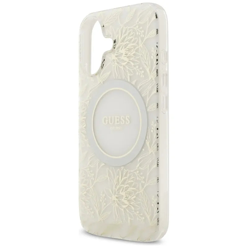 Guess IML Flowers Electro Pearl Strap MagSafe - Dėklas iPhone 17 (baltas)