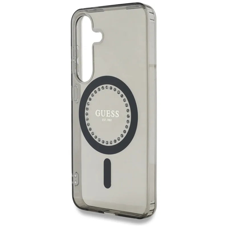 Guess Rhinestones Printed Classic Logo MagSafe – dėklas Samsung Galaxy S25 telefonui (juodas)