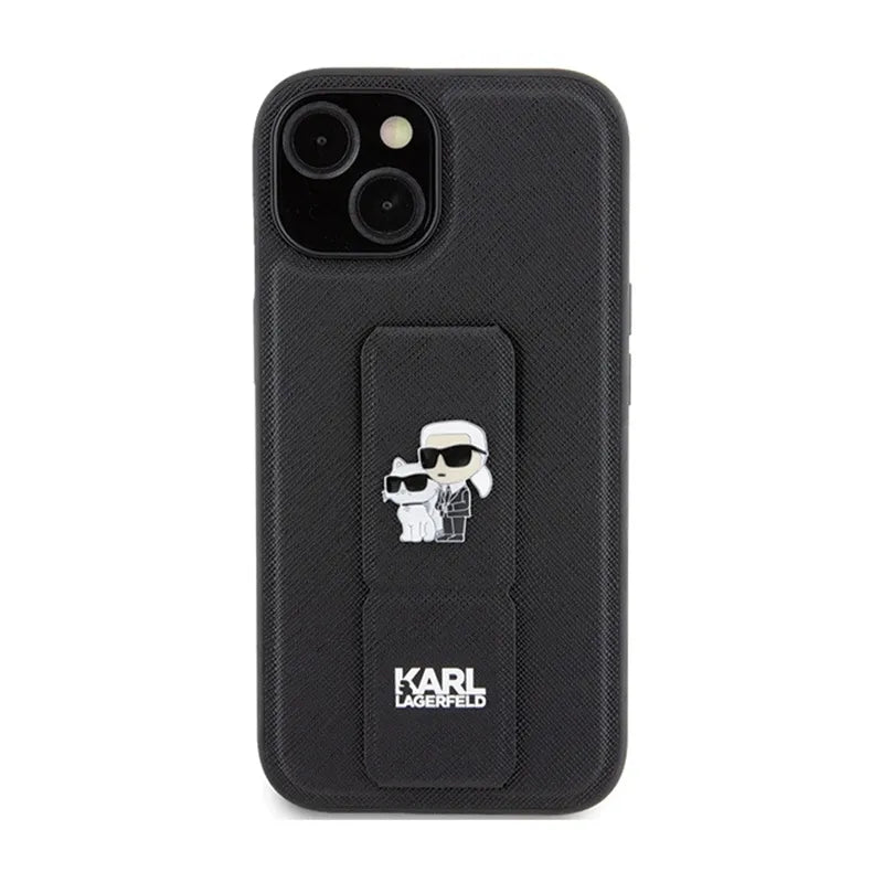 Karl Lagerfeld Gripstand Saffiano Karl & Choupette Pins – dėklas iPhone 15 Plus (juodas)