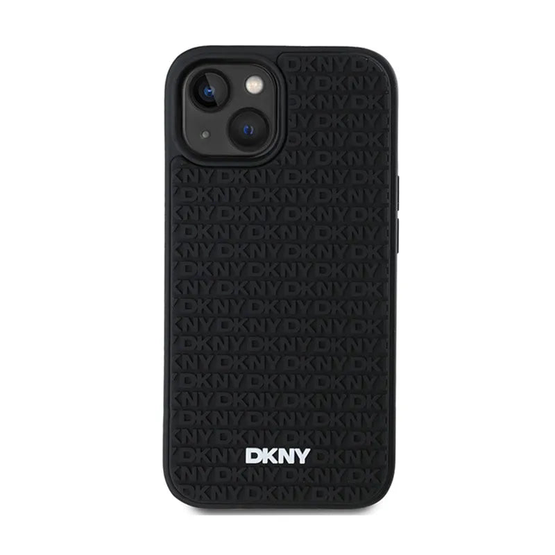 DKNY 3D Rubber Repeat Pattern – dėklas iPhone 15 Plus telefonui (juodas)