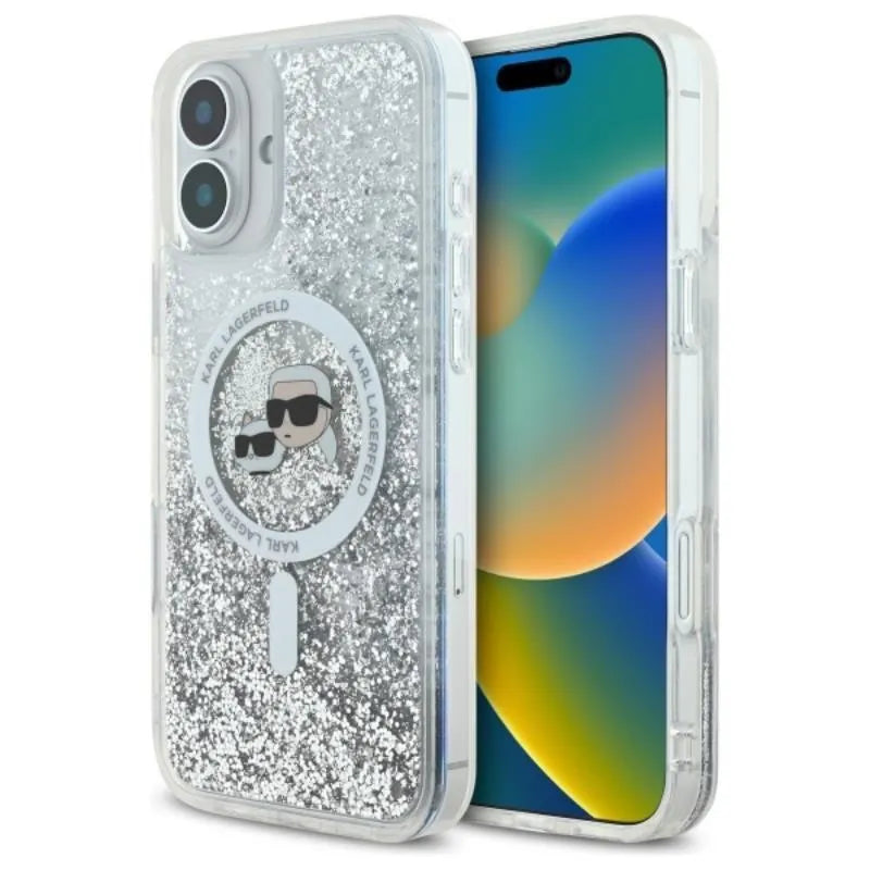Karl Lagerfeld Liquid Glitter Karl & Choupette Head MagSafe – dėklas iPhone 16 Plus (skaidrus)