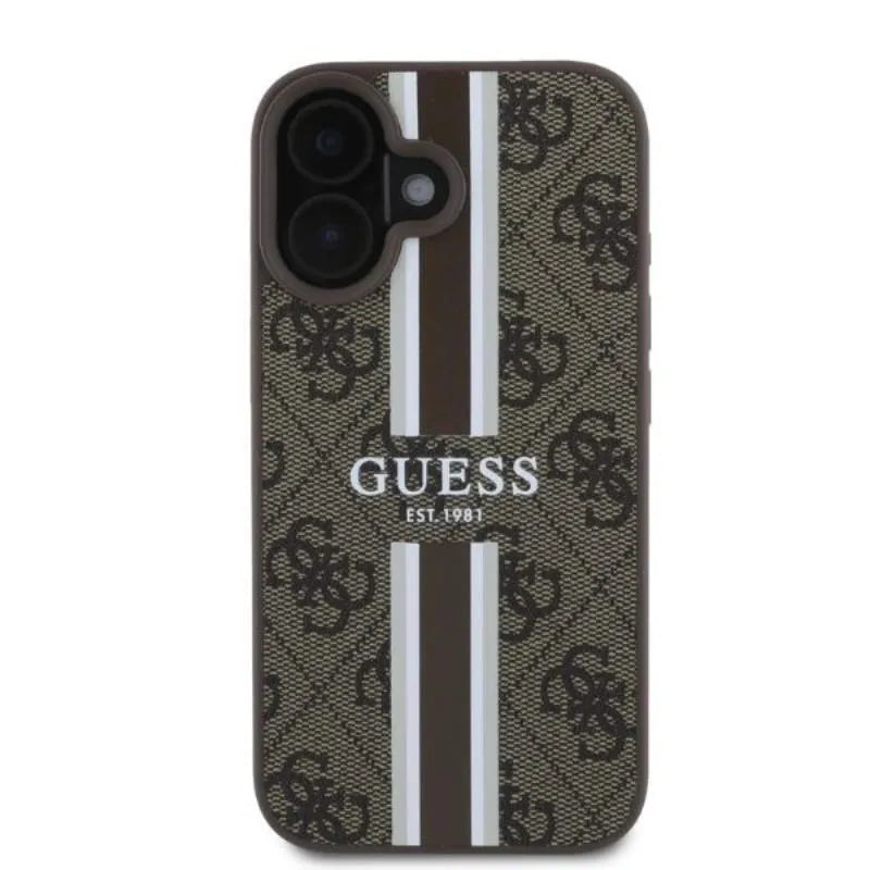 Guess 4G Printed Stripes MagSafe – dėklas iPhone 16 (rudas)