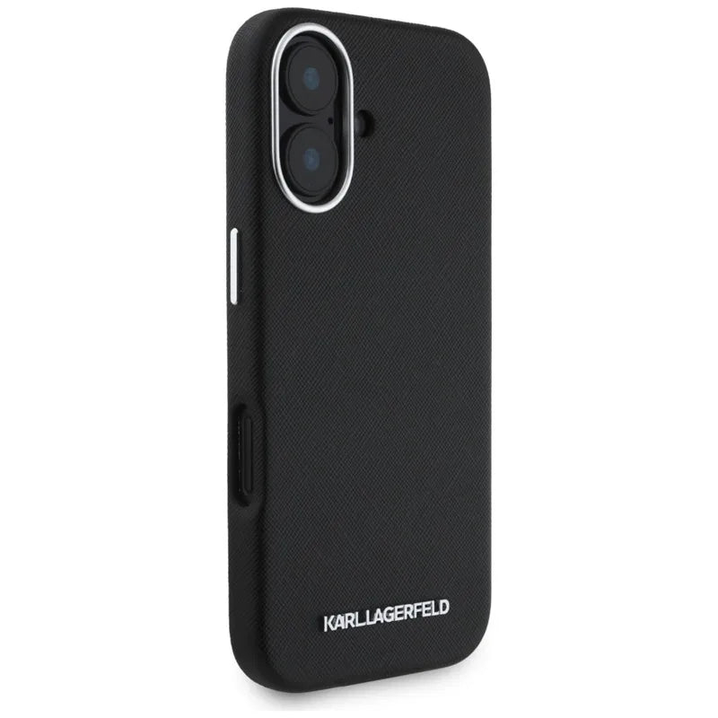 Karl Lagerfeld Saffiano Full Wrapped Elongated Metal Logo MagSafe – dėklas iPhone 16 (juodas)