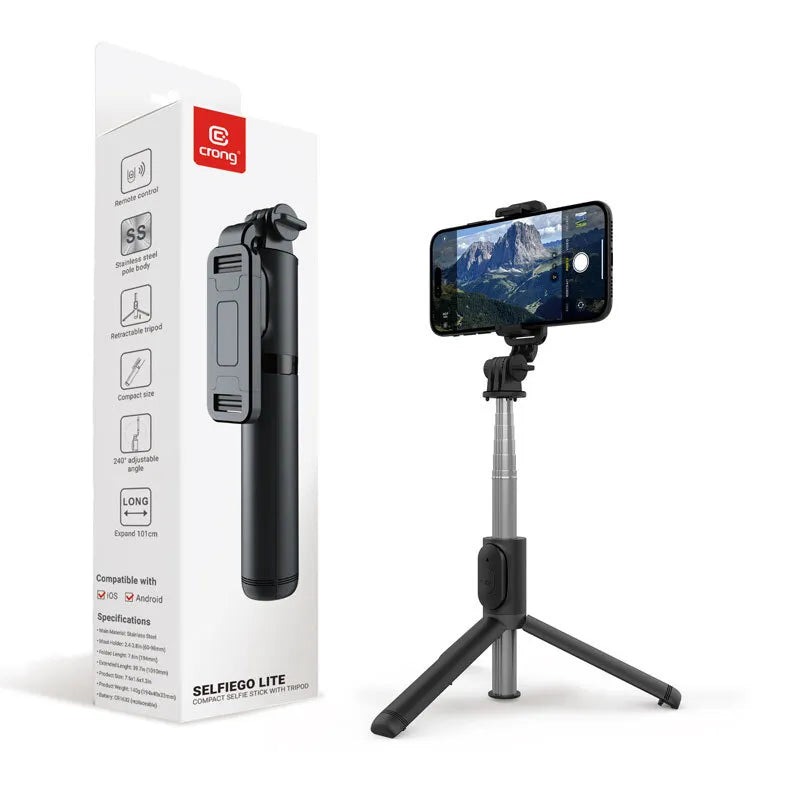 Crong SelfieGo Lite – Kompaktiškas „Bluetooth“ asmenukių lazda-trikojis (juodas)