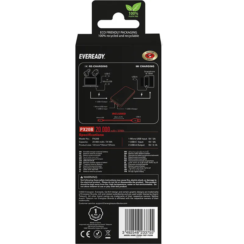 Eveready PX20B – Išorinė baterija (Powerbank) 20000 mAh 2x USB-A (Juoda)