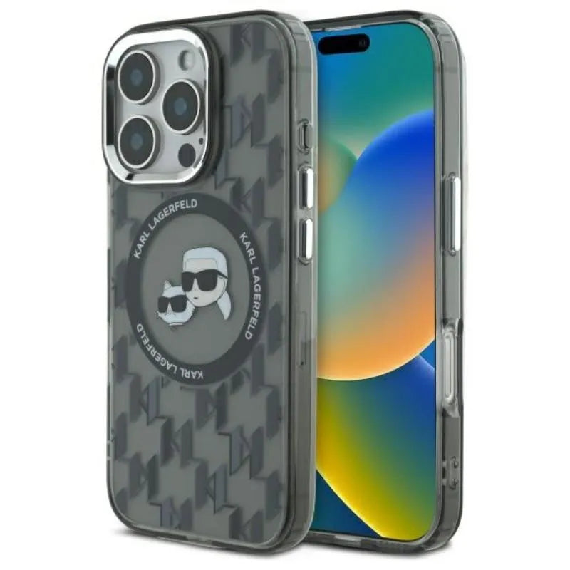Karl Lagerfeld IML Monogram Karl & Choupette Head MagSafe – dėklas iPhone 16 Pro (juodas)
