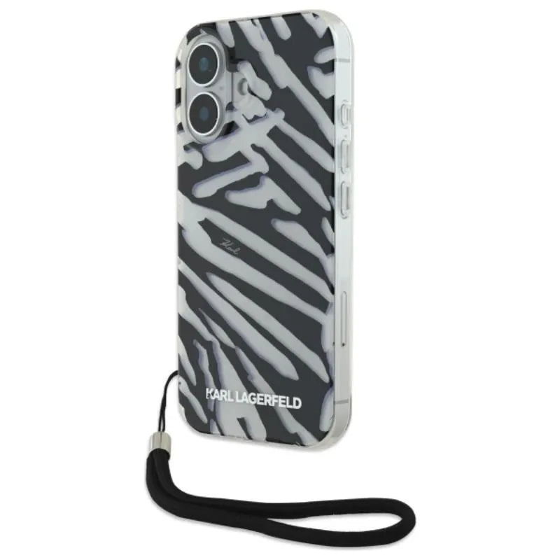 Karl Lagerfeld IML Zebra Pattern & Cord – dėklas, skirtas iPhone 16 (juodas)
