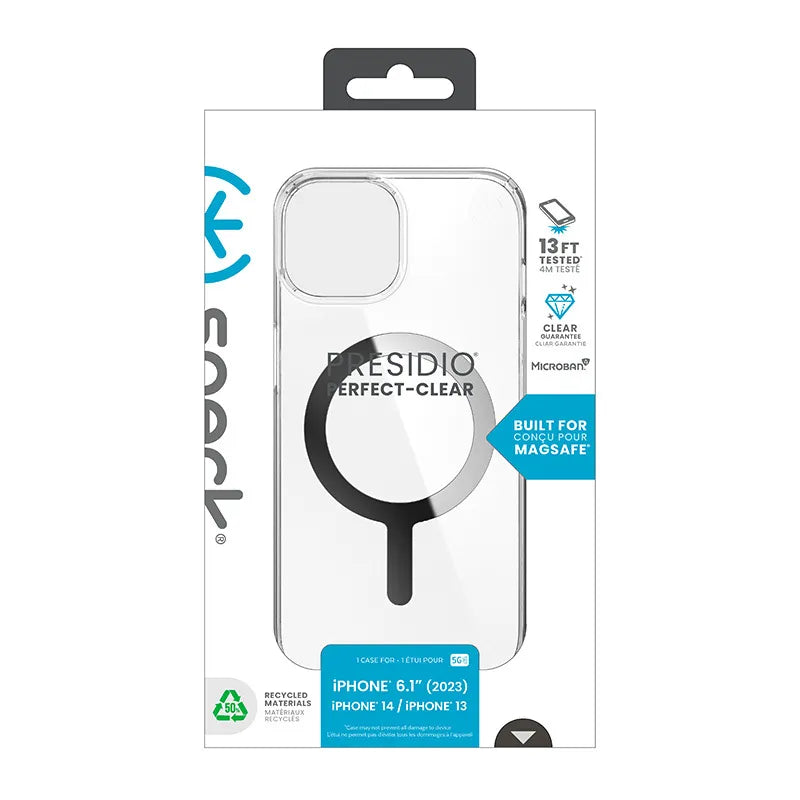 Speck Presidio Perfect-Clear MagSafe – dėklas iPhone 17e / 16e / 15 / 14 / 13 (Skaidrus / Chromuota apdaila / Serene Silver)