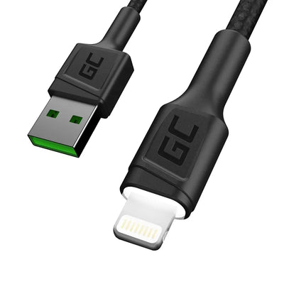 Kabelis Green Cell Ray USB-A - Lightning su balta LED lempute, 200 cm, palaikantis Apple 2.4A greitąjį įkrovimą