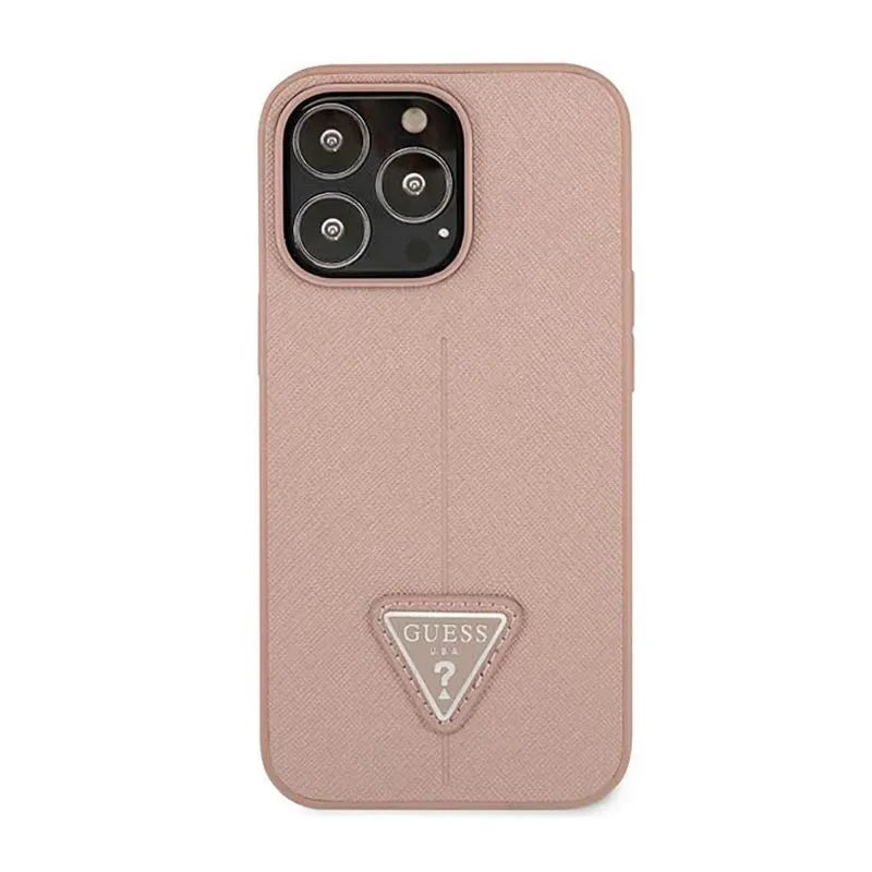 Guess Saffiano Triangle Logo dėklas - dėklas iPhone 14 Pro telefonui (rožinis)