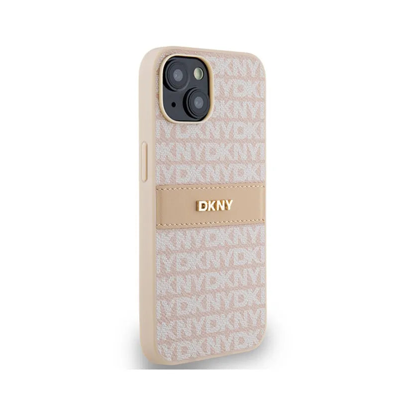 DKNY „Leather Mono Stripe & Metal Logo“ – dėklas „iPhone 14 / 15 / 13“ (rožinis)