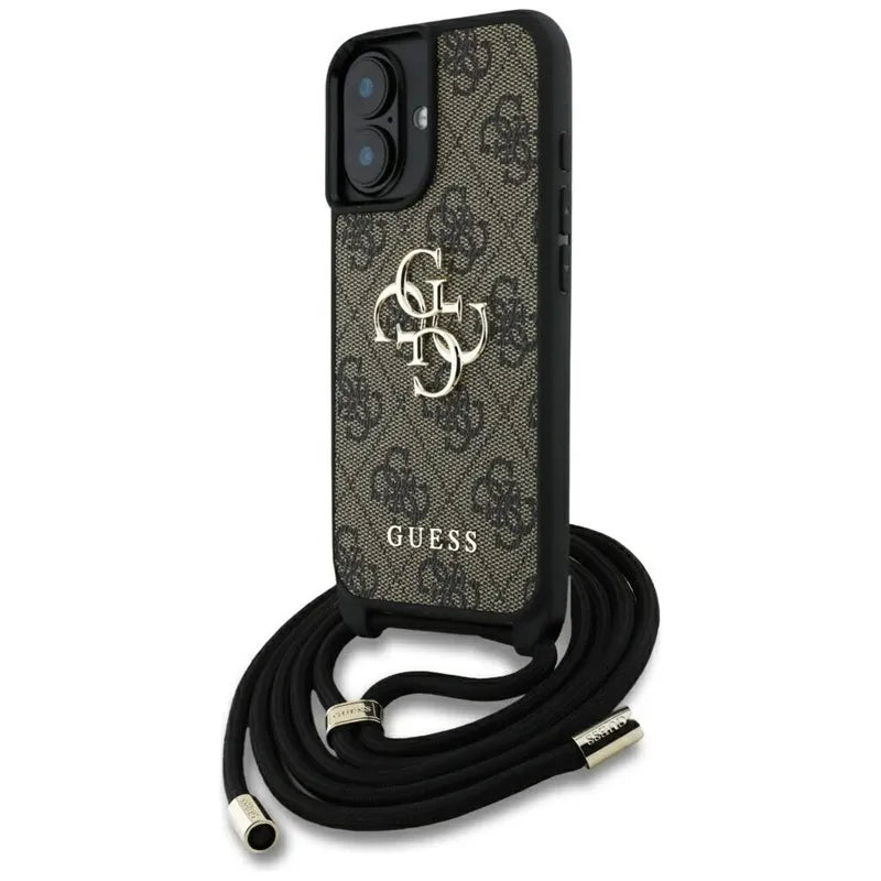 Guess 4G Big Logo Cord Strap Crossbody – dėklas iPhone 16 (rudas)