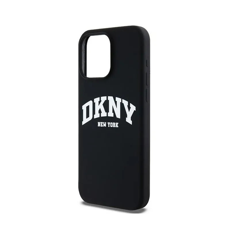 DKNY Liquid Silicone White Printed Logo MagSafe – dėklas iPhone 13 Pro Max telefonui (juodas)