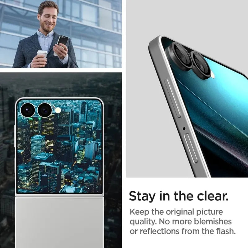 Spigen Optik Pro HD GLAS.TR EZ Fit fotoaparato apsauga, 2 vnt. – Objektyvo apsauga Samsung Galaxy Z Flip 7 (juoda)