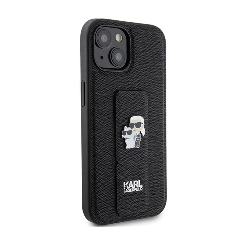 Karl Lagerfeld Gripstand Saffiano Karl & Choupette Pins – dėklas iPhone 15 Plus (juodas)