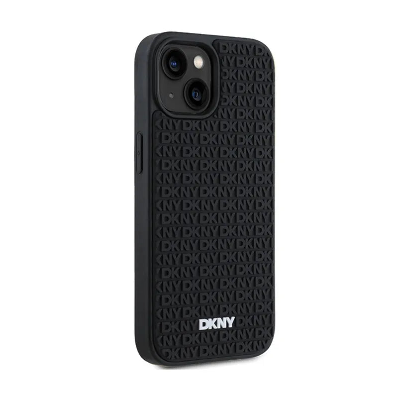 DKNY 3D Rubber Repeat Pattern – dėklas iPhone 15 Plus telefonui (juodas)