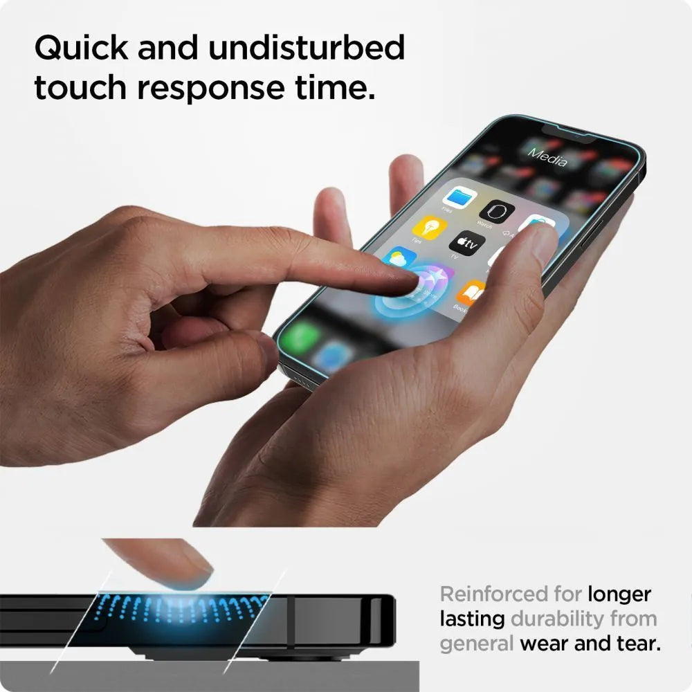 Spigen Glas.TR EZ Fit – grūdintas stiklas Apple iPhone 16e / iPhone 14 / iPhone 13 / iPhone 13 Pro (skaidrus)