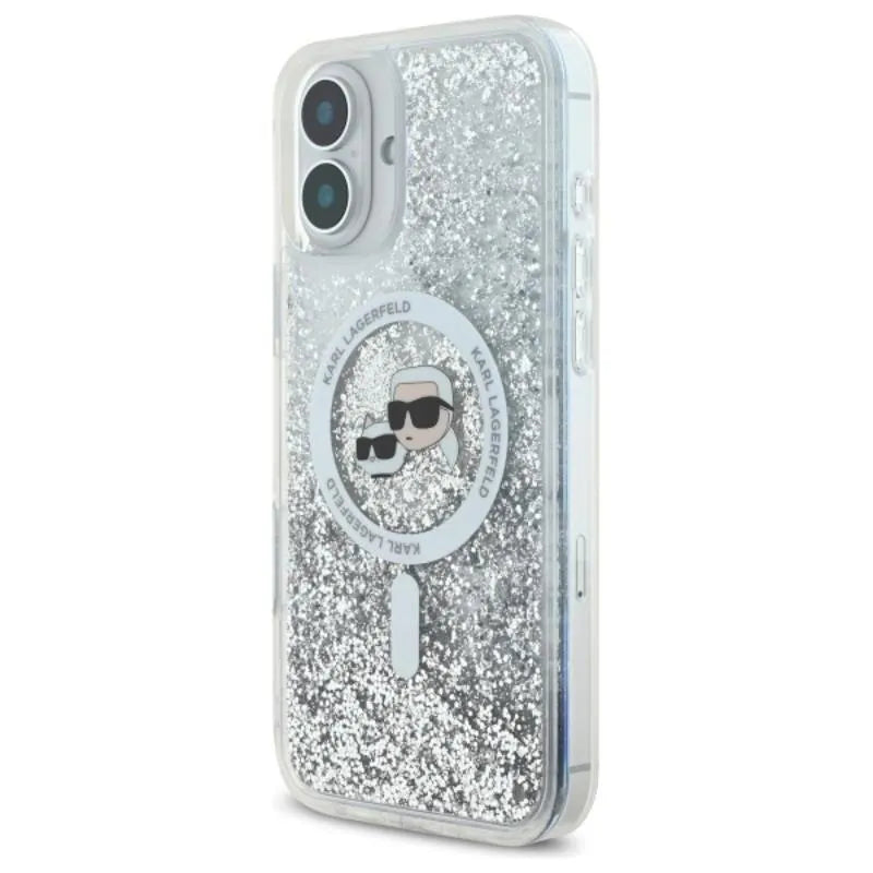 Karl Lagerfeld Liquid Glitter Karl & Choupette Head MagSafe – dėklas iPhone 16 Plus (skaidrus)