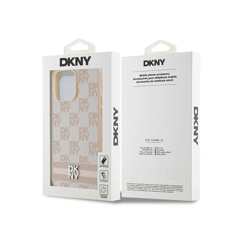 DKNY Leather Checkered Mono Pattern & Printed Stripes – dėklas iPhone 14 Pro Max (rožinis)