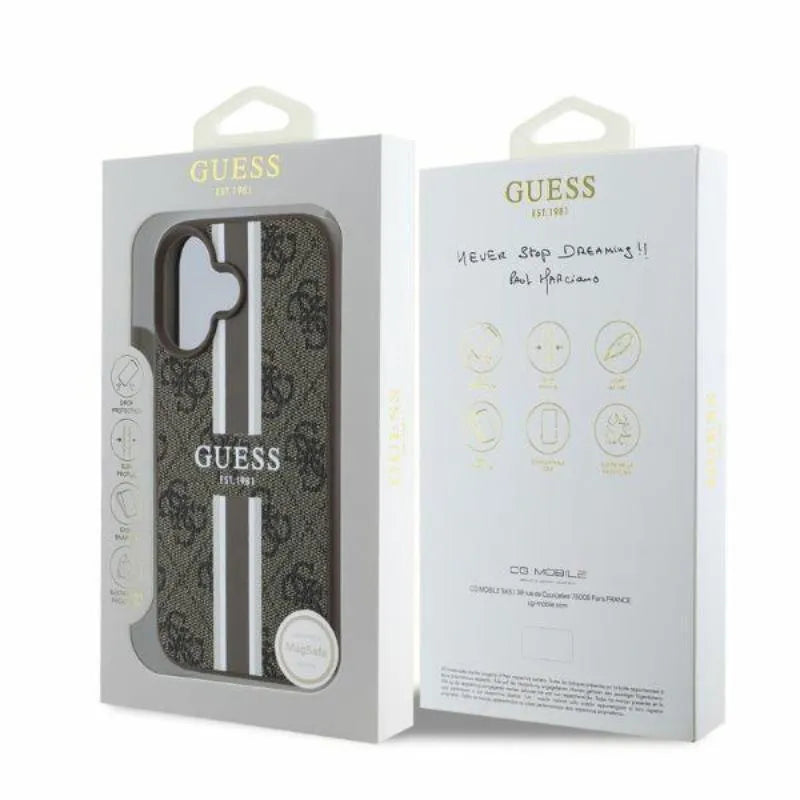 Guess 4G Printed Stripes MagSafe – dėklas iPhone 16 (rudas)