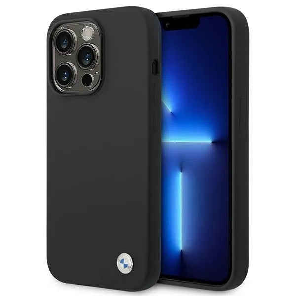 BMW Liquid Silicone dėklas su metaliniu logotipu, skirtas iPhone 14 Pro Max (juodas)