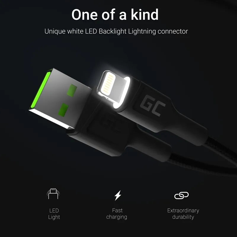 Kabelis Green Cell Ray USB-A - Lightning su balta LED lempute, 200 cm, palaikantis Apple 2.4A greitąjį įkrovimą