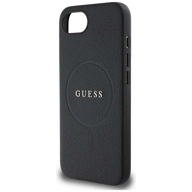 Guess Grained Ring MagSafe – dėklas iPhone 16e (juodas)