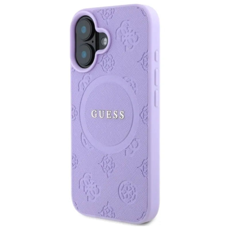 Guess Saffiano Peony Classic Logo MagSafe – dėklas iPhone 16 (violetinis)
