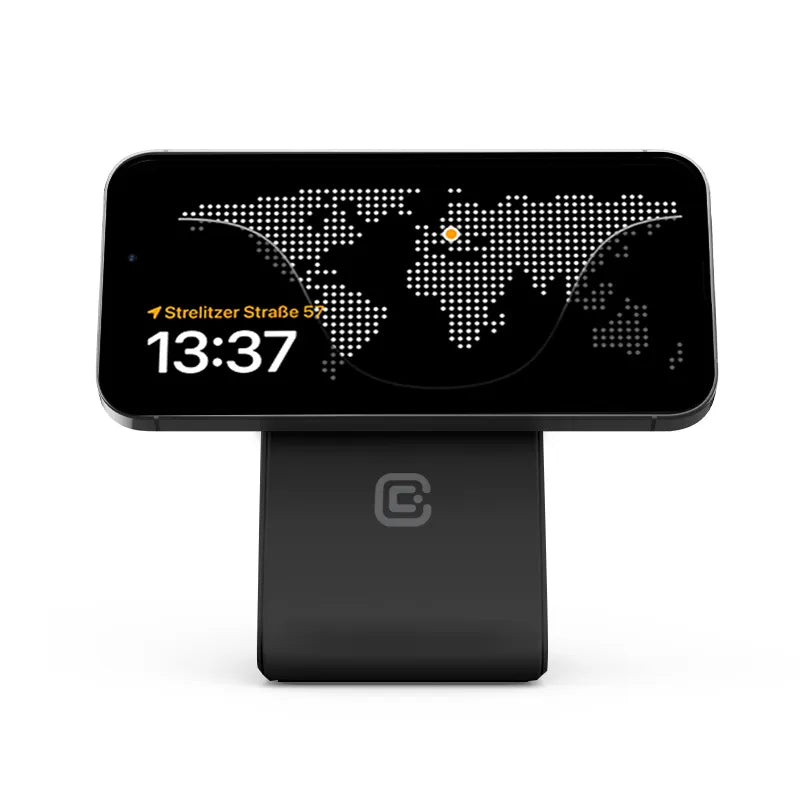 „Crong MagSpot Pivot Stand“ – 3-in-1 belaidis įkroviklis su „MagSafe“, skirtas „iPhone“, „Apple Watch“ ir „AirPods“ (juodas)