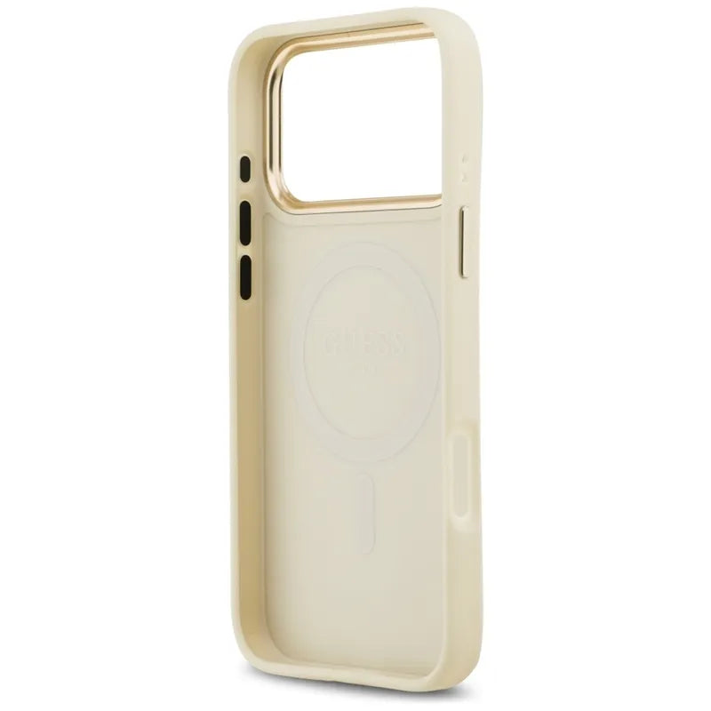 Guess Grained Strass Logo MagSafe - Dėklas iPhone 17 Pro Max (smėlio spalvos)