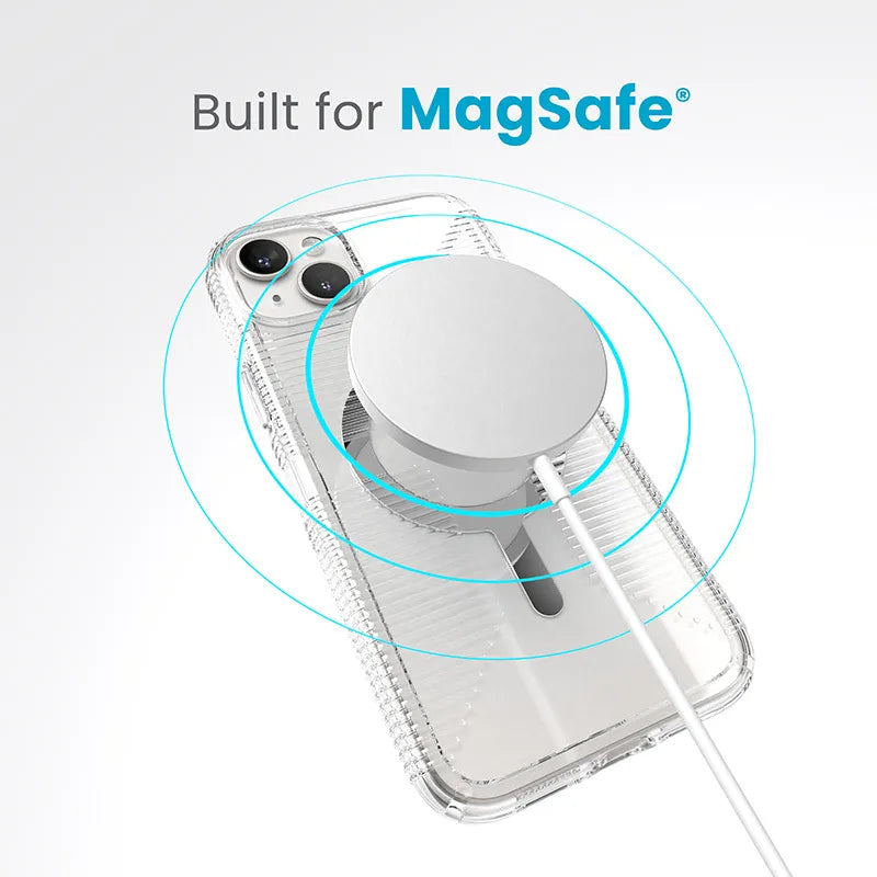 Speck Gemshell Grip + MagSafe – dėklas iPhone 15 Plus / iPhone 14 Plus (Skaidrus / Chromuota apdaila)