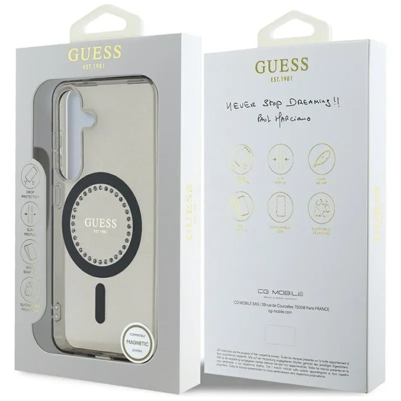 Guess Rhinestones Printed Classic Logo MagSafe – dėklas Samsung Galaxy S25 telefonui (juodas)