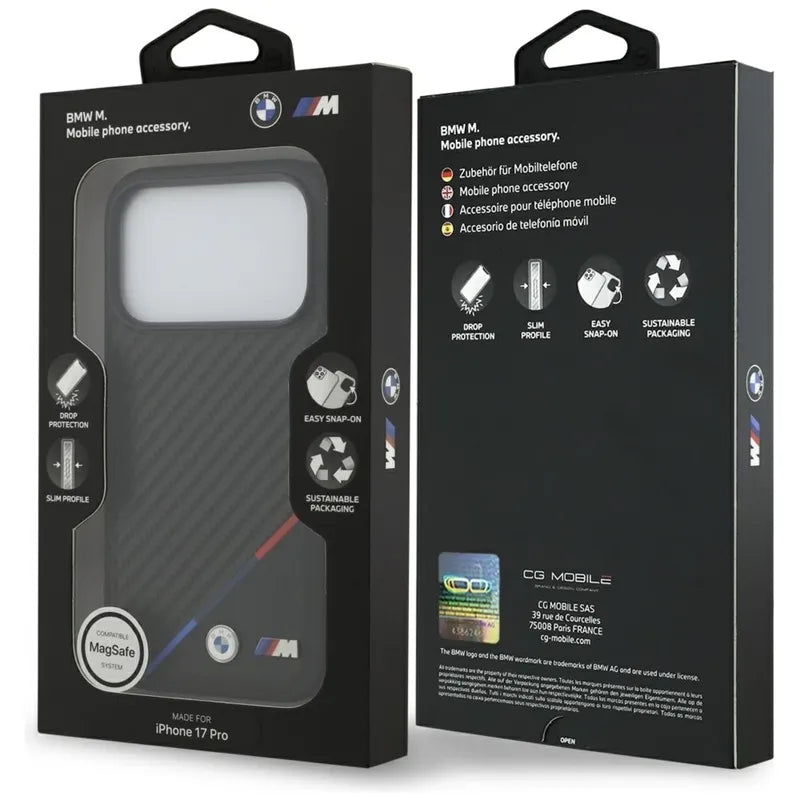 BMW M Carbon Tricolor Line MagSafe – dėklas iPhone 17 Pro (juodas)