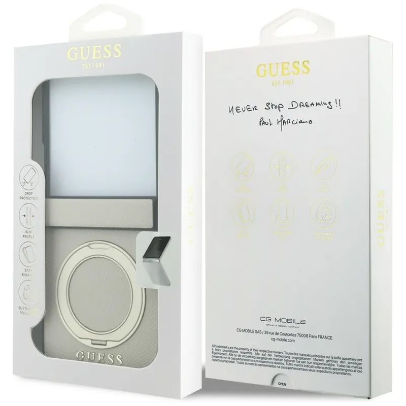 Guess Magnetic Ring Stand Grained Classic Logo MagSafe – Samsung Galaxy Z Flip 8 dėklas (smėlio spalvos)