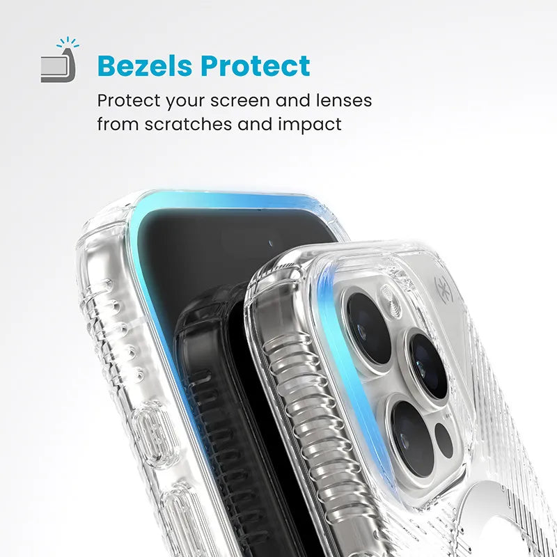 Speck Presidio Perfect-Clear Grip ClickLock & MagSafe – dėklas iPhone 16 Pro (skaidrus / chromuota apdaila / Serene Silver)