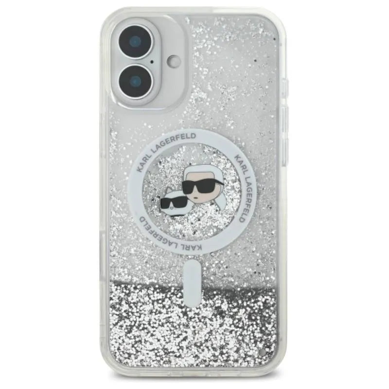 Karl Lagerfeld Liquid Glitter Karl & Choupette Head MagSafe – dėklas iPhone 16 Plus (skaidrus)