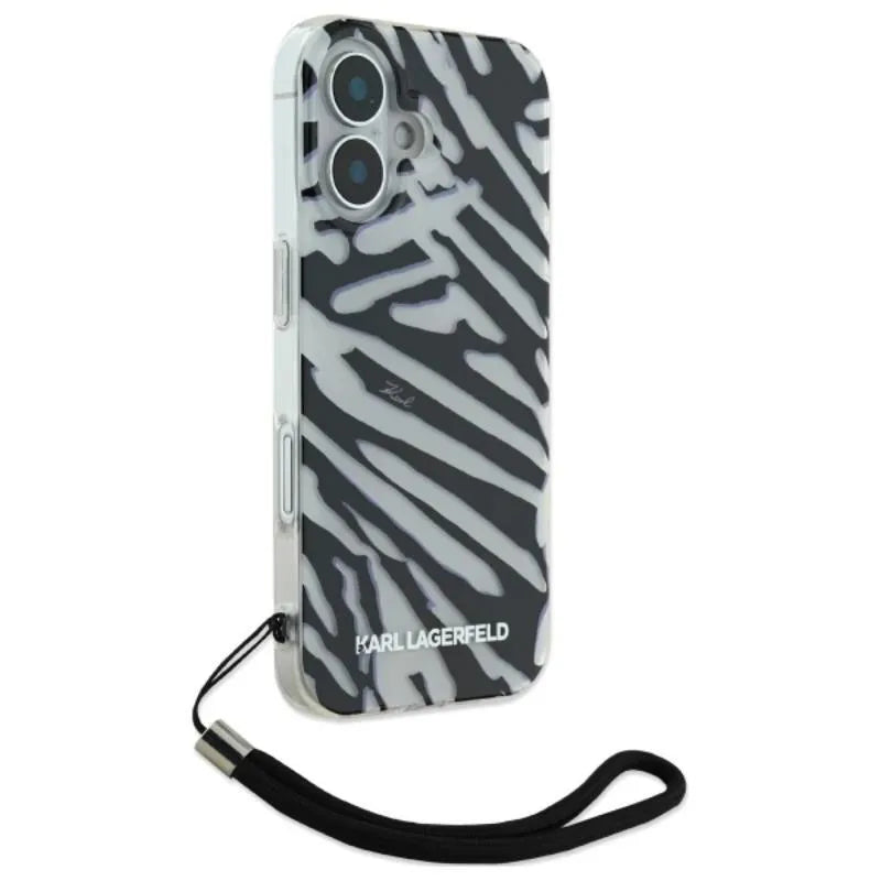 Karl Lagerfeld IML Zebra Pattern & Cord – dėklas, skirtas iPhone 16 (juodas)